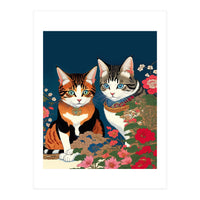 The Perfect Companion, Cute Cats Japanese Pets, Whimsical Animals Cat Vintage Love Friends Together (Print Only)