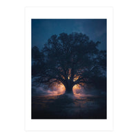 Ancient Mystical Oak Silhouette at Twilight with Ethereal Wisps (Print Only)
