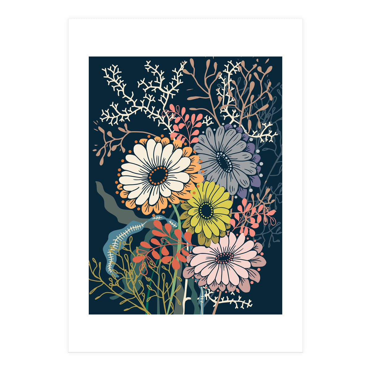 Springtime daisies dark blue (Print Only)