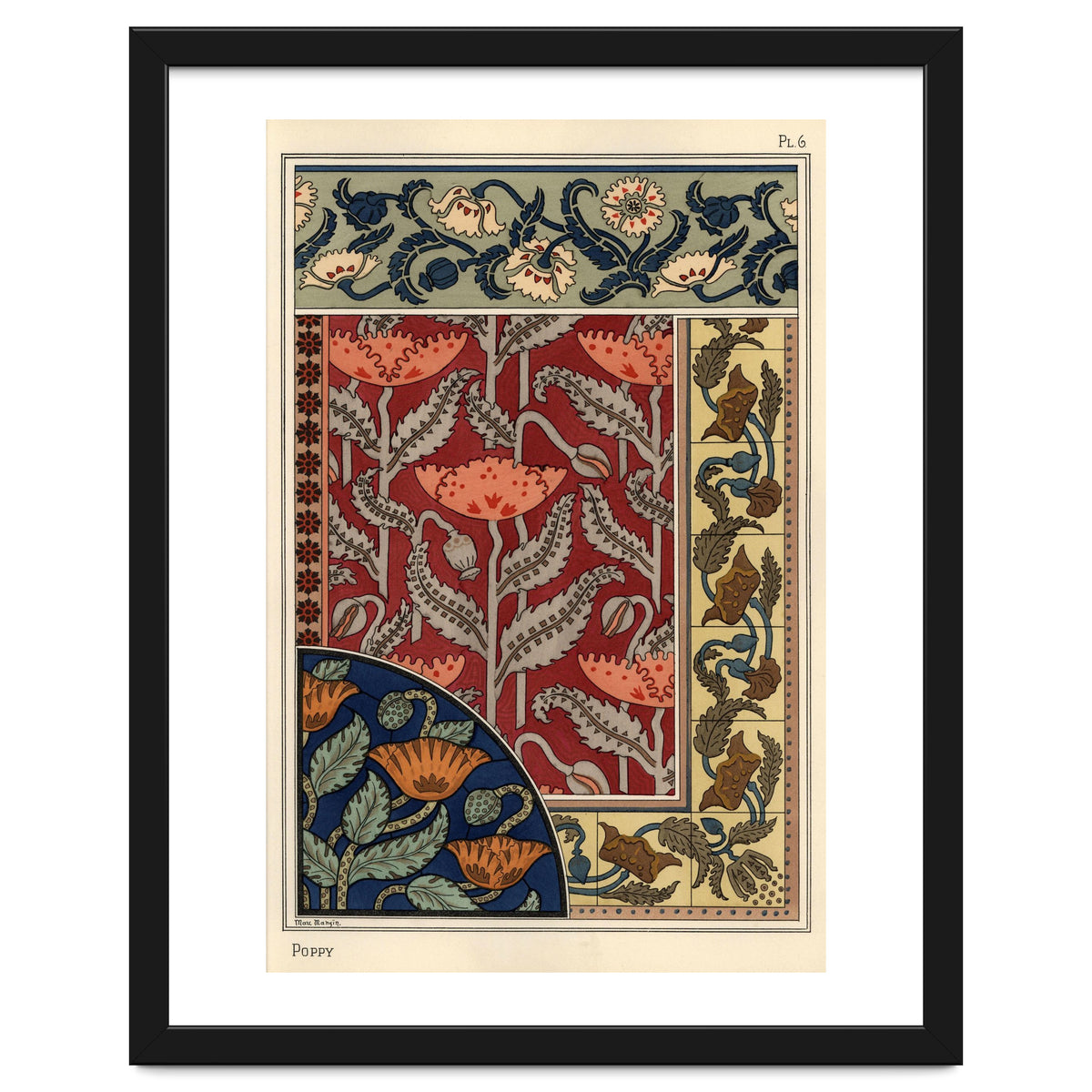The poppy, Papaver somniferum, in stained glass, wallpaper, fabric and tile patterns. Lithograph ...