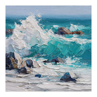 Dynamic Crashing Turquoise Ocean Wave Against Rugged Coastal Rocks (Print Only)