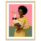 Stylish Woman Holding Goose In Striped Dress thumbnail