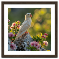Albino Parrot Perched On A Rock Amongst Flowers