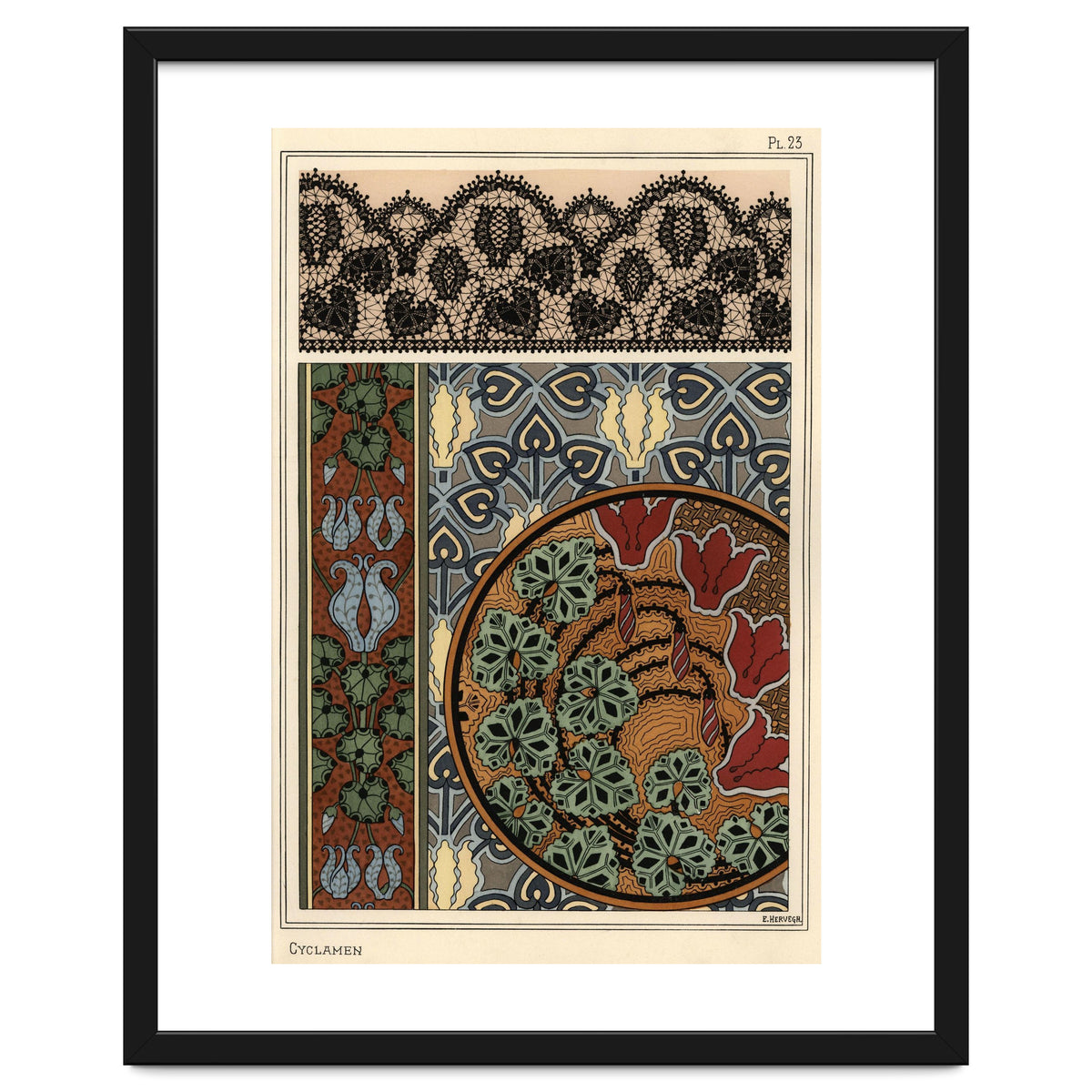 Cyclamen persicum motif in patterns for lace, wallpaper and fabric.