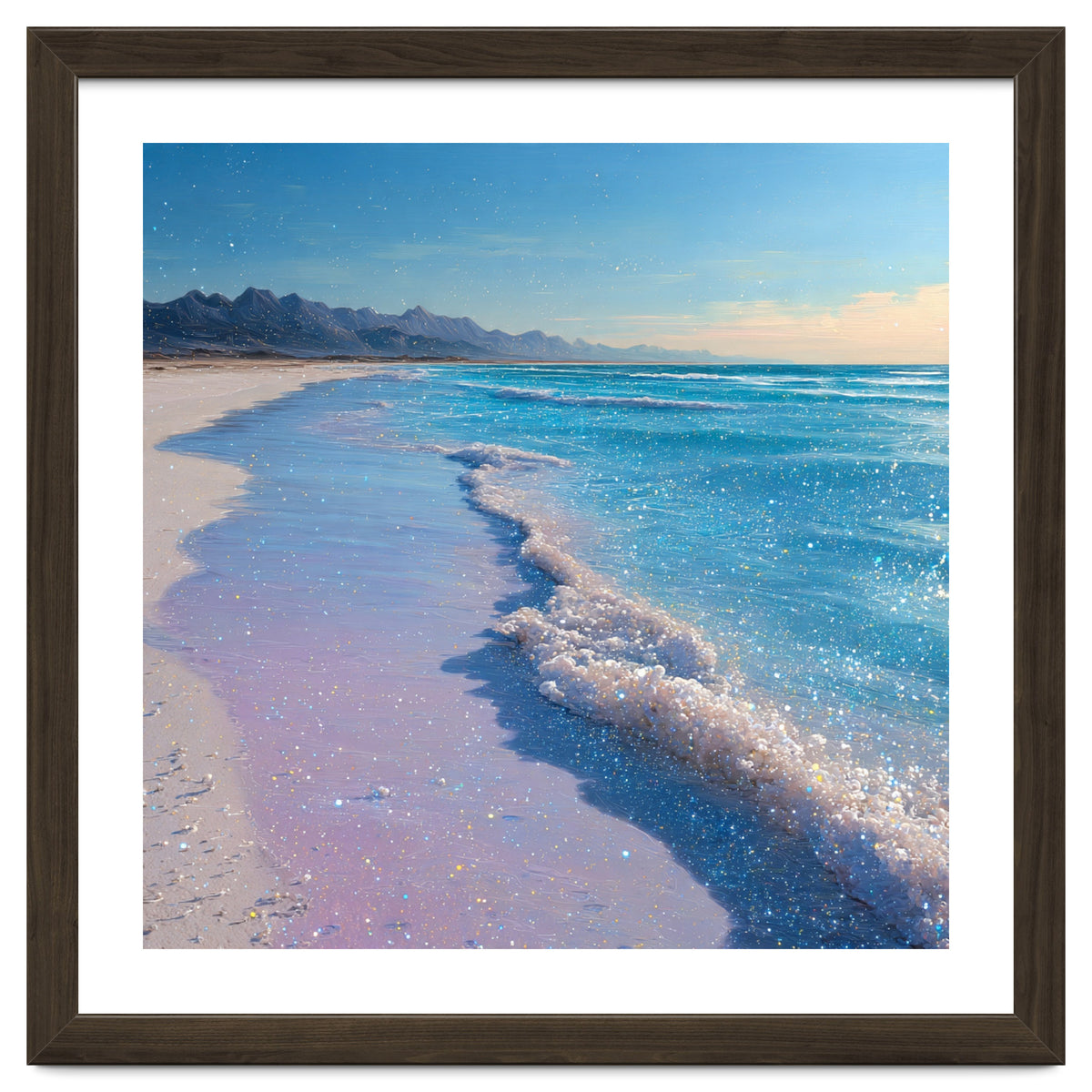 Sparkling Pastel Shoreline with Glittering Turquoise Waves