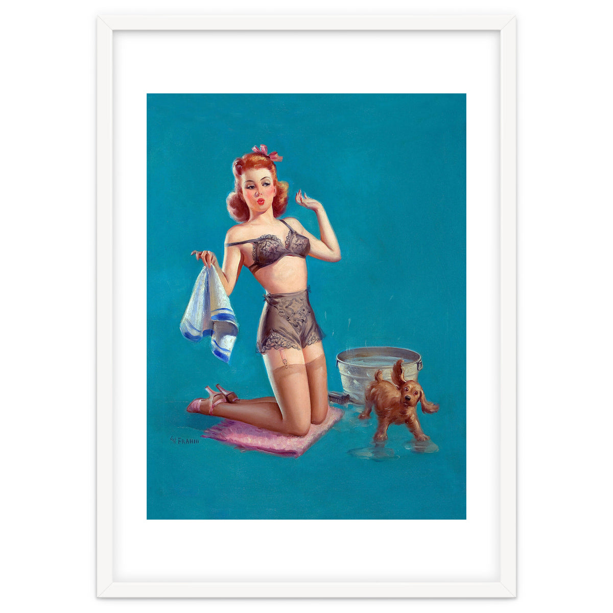 Pinup Girl Bathing A Dog