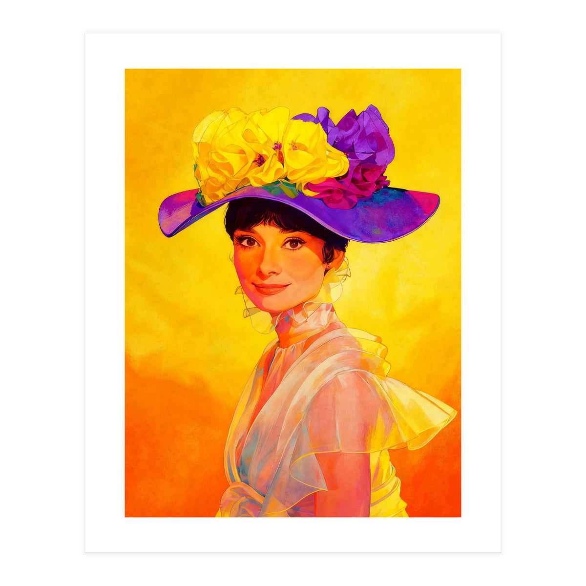 Audrey Hepburn Pop Art, Vibrant Floral Hat Portrait, Iconic Movie Star Illustration (Print Only)
