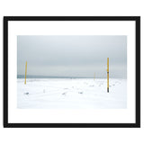 Seagulls in between the volleyball poles in winter snow beach thumbnail