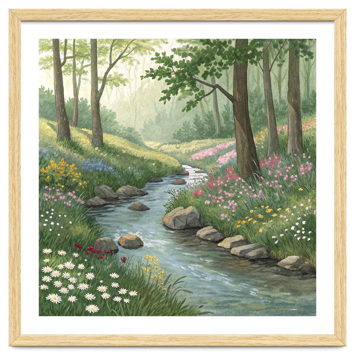 Vibrant Forest Stream Watercolor Painting