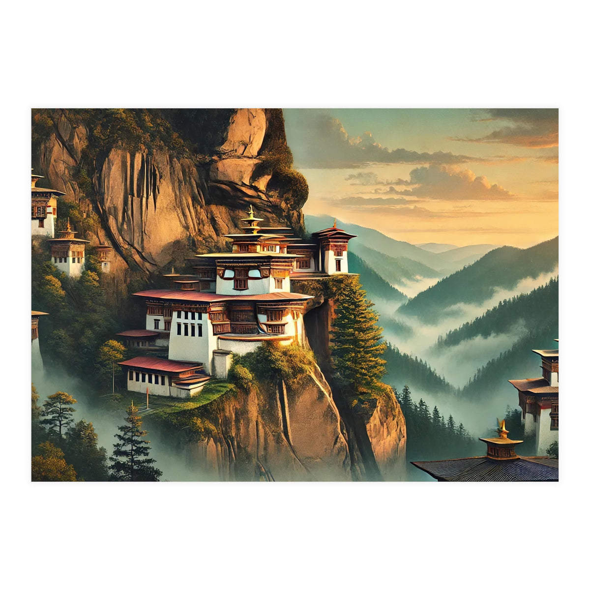 Vintage Bhutan, Mountain Monasteries Poster (Print Only)