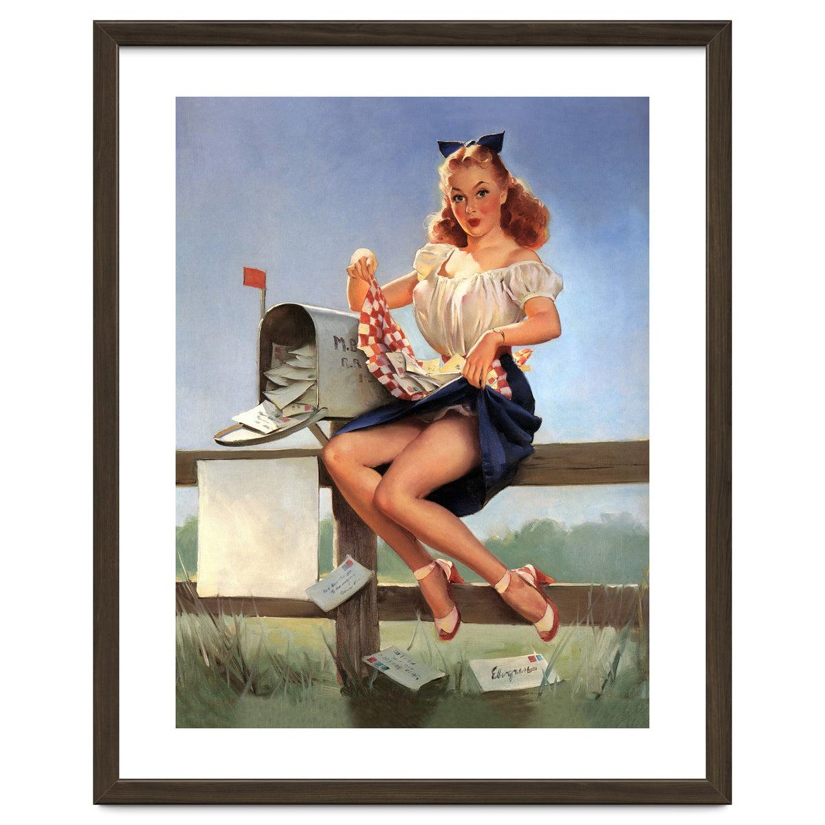 Countryside Pinup Girl Posing On A Fence With Love Letters And A Full Mailbox