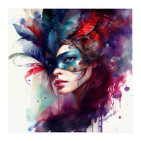 Turquoise Feathered Carnival Mask Portrait (Print Only)