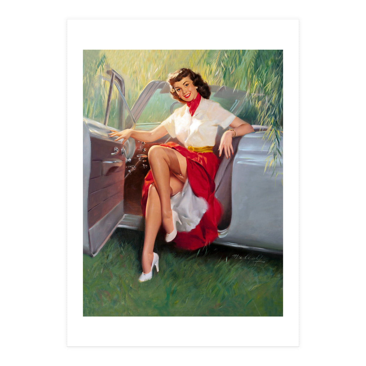 Sexy Pinup Woman Posing In Convertible Car (Print Only)