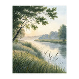 Serene River Sunrise Watercolor Painting with Meadow Grasses and Warm Golden Atmosphere Landscape (Print Only) thumbnail