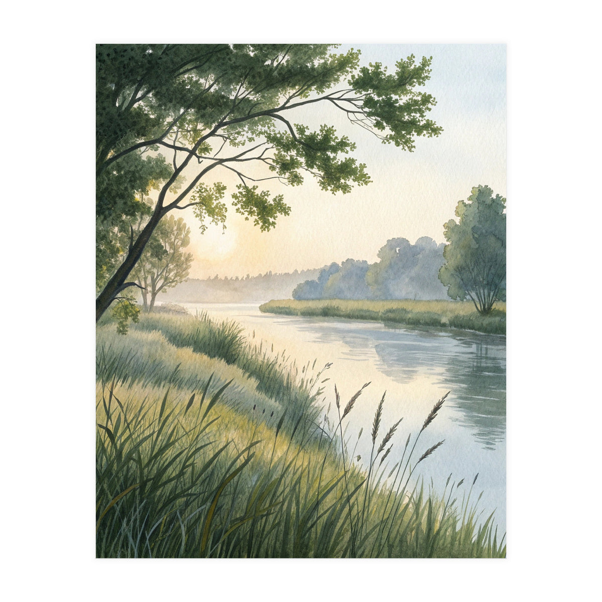 Serene River Sunrise Watercolor Painting with Meadow Grasses and Warm Golden Atmosphere Landscape (Print Only)