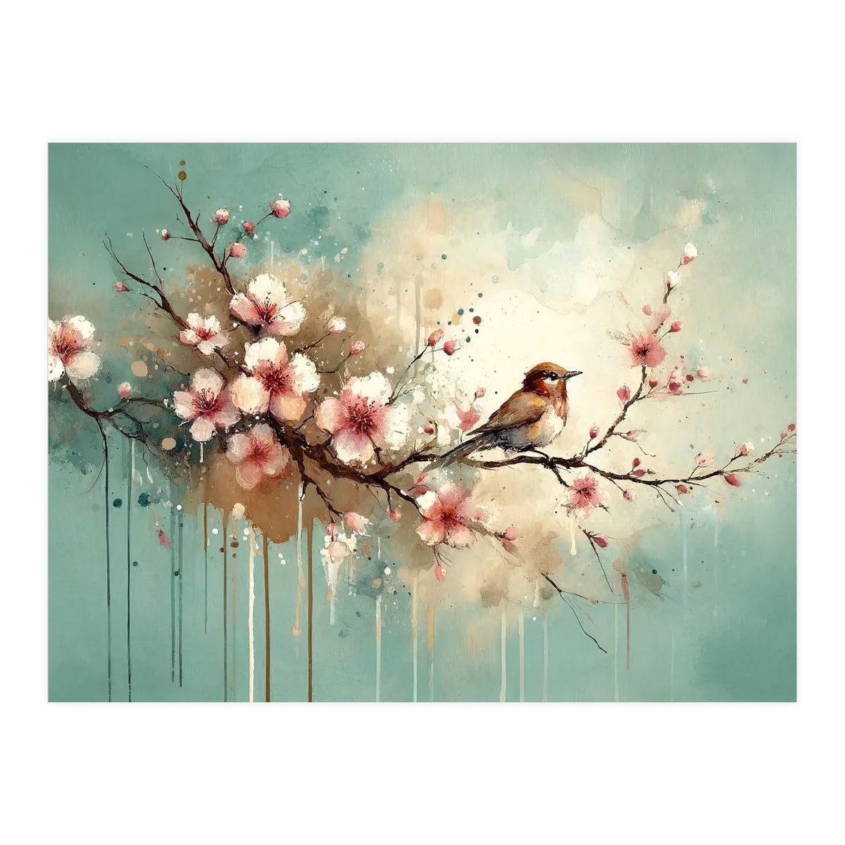 Bird Resting On Cherry Blossom Branch (Print Only)