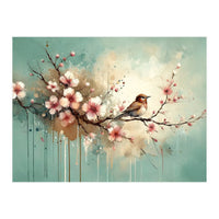 Bird Resting On Cherry Blossom Branch (Print Only)