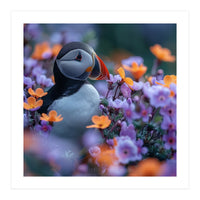 Puffin Bird Among Vibrant Purple And Orange Flowers (Print Only)