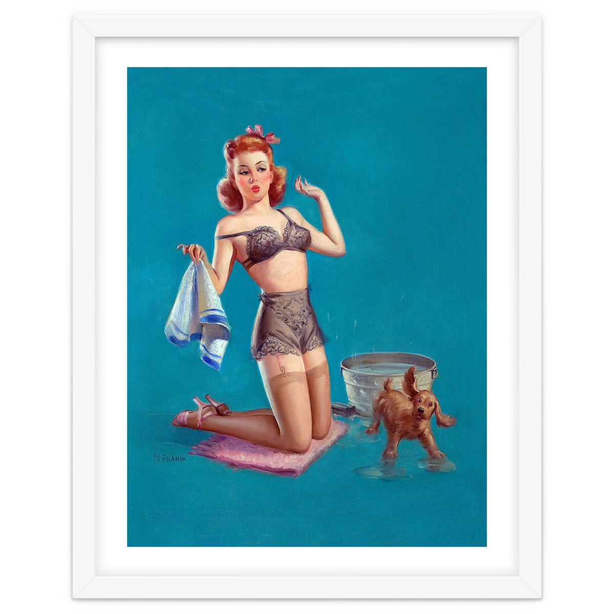 Pinup Girl Bathing A Dog