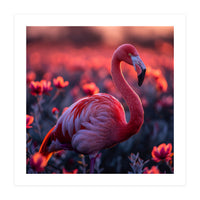 Pink Flamingo Bird Standing Among Flowers At Sunset (Print Only)