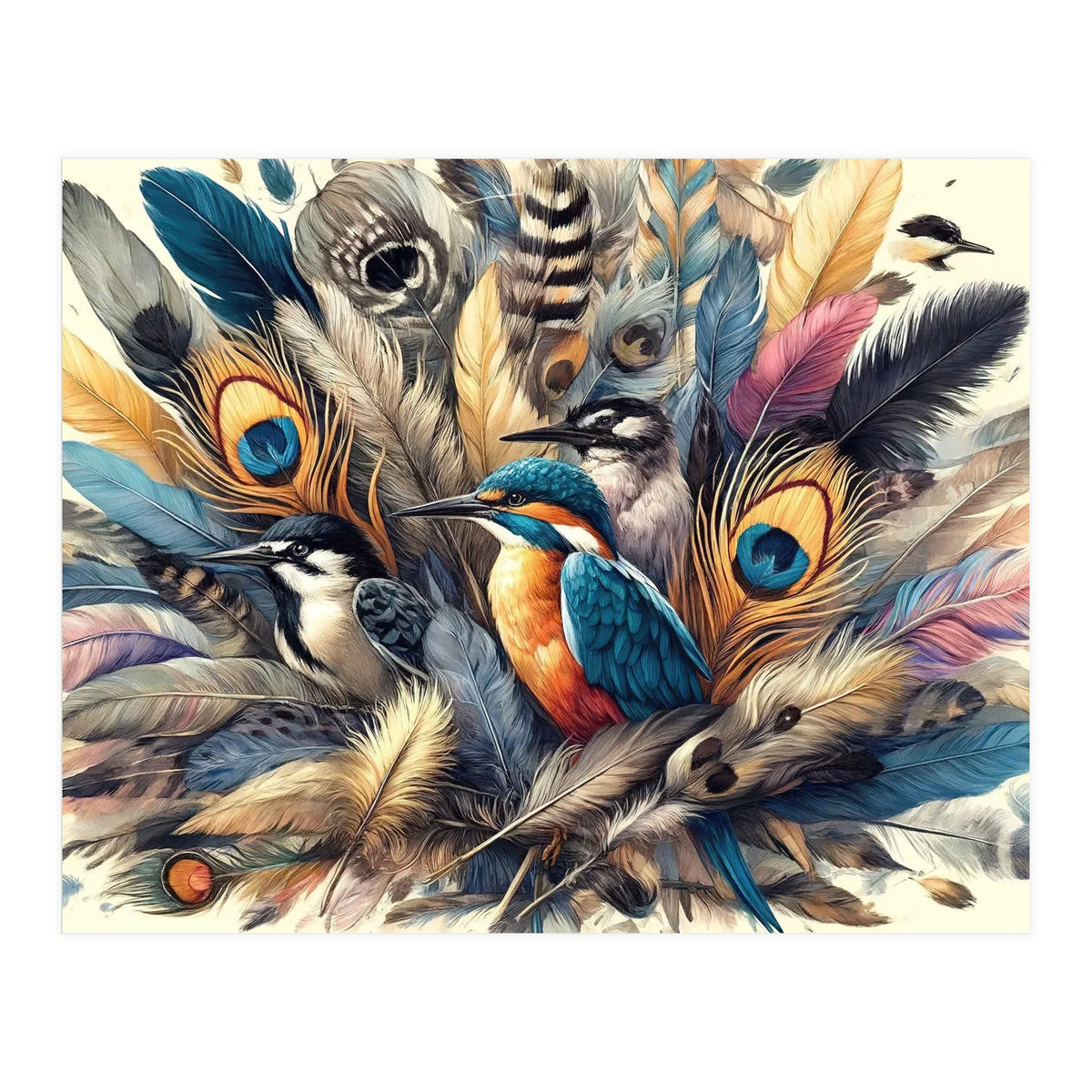 Kingfisher And Songbirds In Peacock Feathers (Print Only)