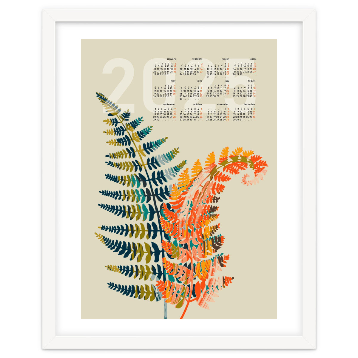 Calendar 2025 colorful fern leaves