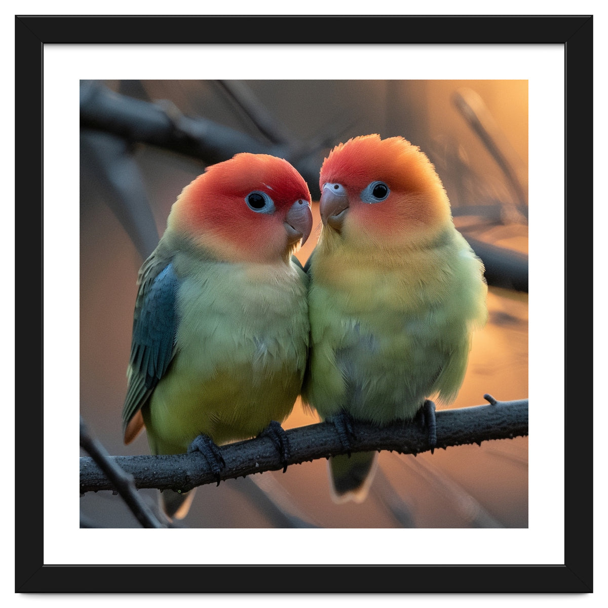 Two Lovebirds Perched On A Branch At Sunset