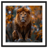 Majestic Lion Sitting On A Rock In Autumn Forest thumbnail