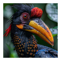 Close Up Of Helmeted Hornbill Bird In Rain (Print Only)