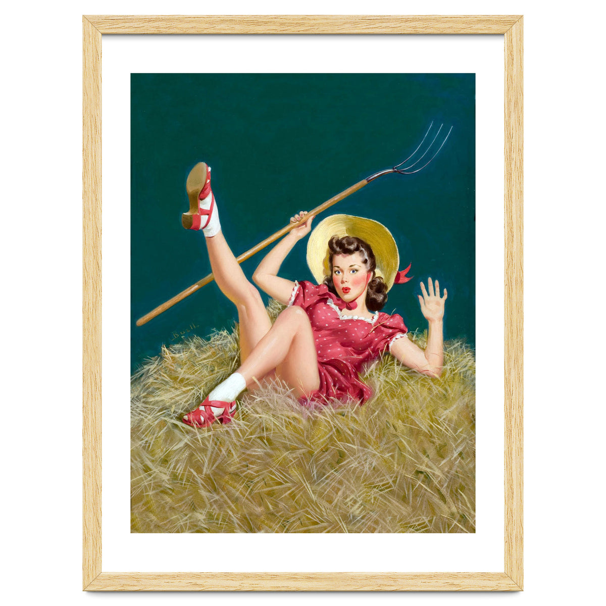 Pinup Sexy Girl Posing On A Hay With A Pitchfork