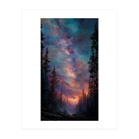 Magical Milky Way Night Sky over Pine Forest Silhouette Art (Print Only)