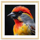 Close Up Of Colorful Bird With Red Orange Yellow Feathers thumbnail