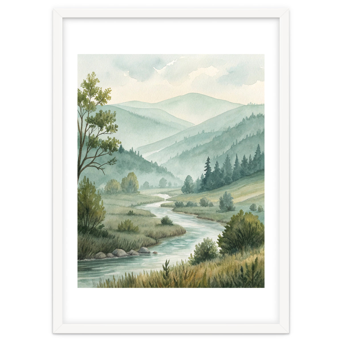 Serene River Valley in Soft Watercolor