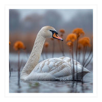 White Swan Swimming In A Lake With Reeds (Print Only)