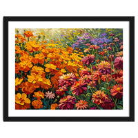 Radiant Summer Zinnia and Marigold Meadow Oil Painting