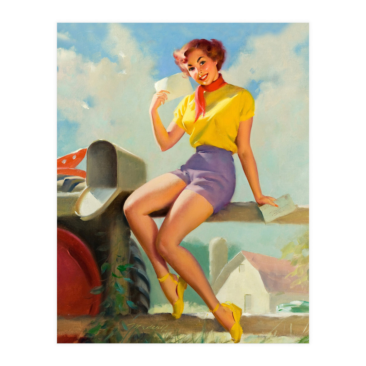 Pinup Girl On A Fence Showing A Love Letter (Print Only)