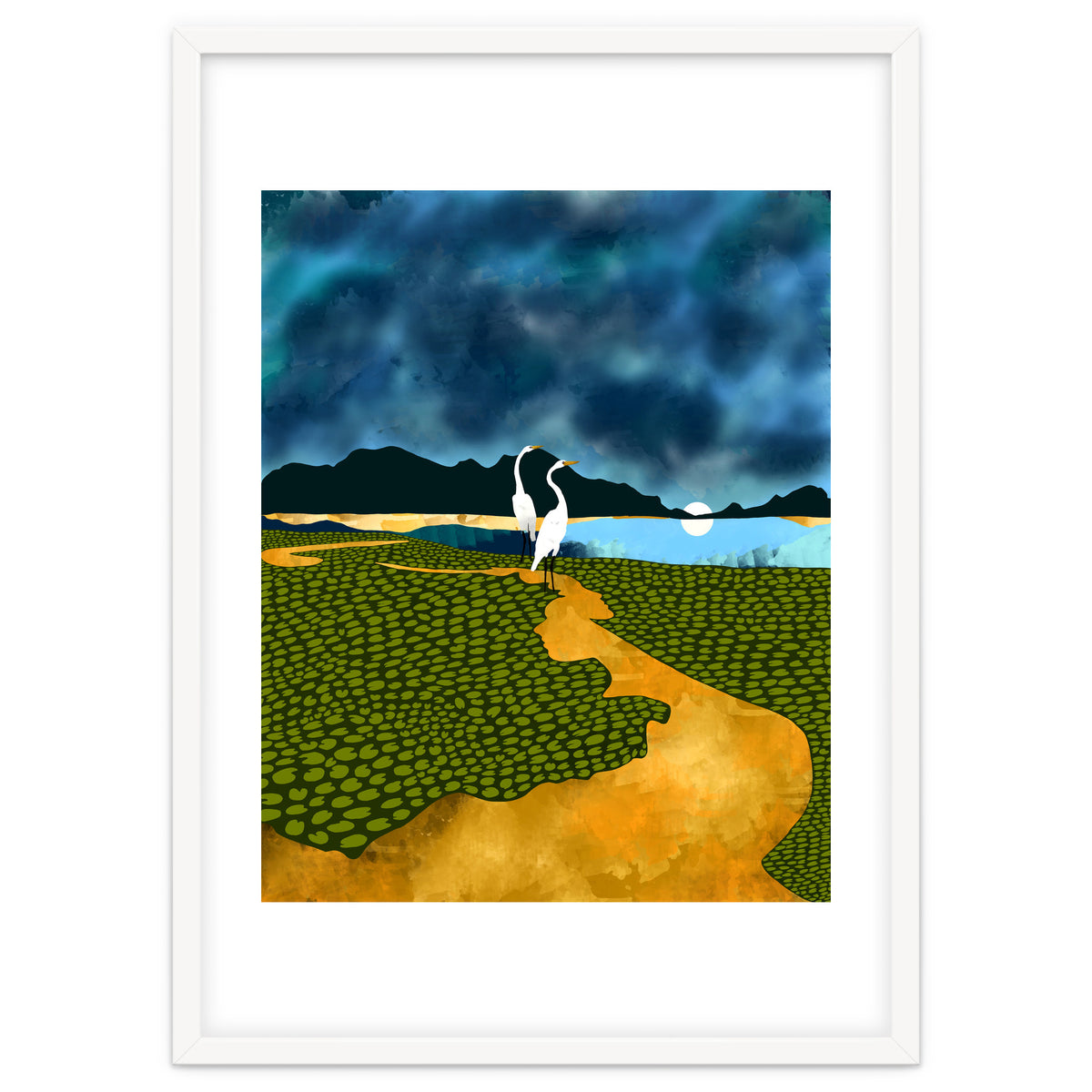 Great Egrets On Honeymoon Island, Heron Wildlife Painting Nature Landscape, Travel Dark Scenic Birds Love Animals Lake Bohemian