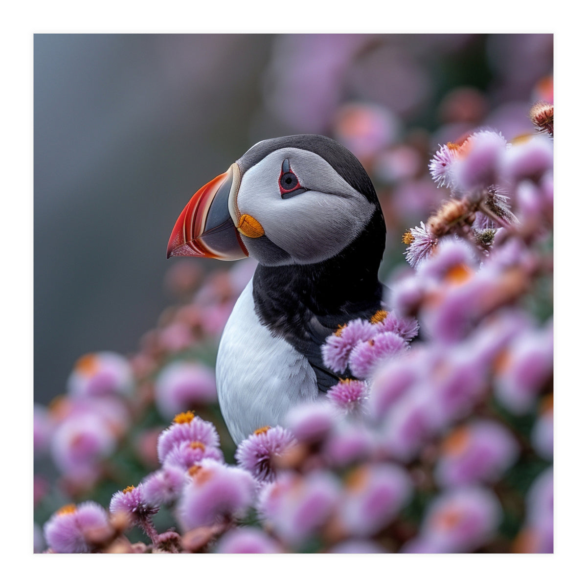 Atlantic Puffin Amidst Pink Heather Flowers (Print Only)