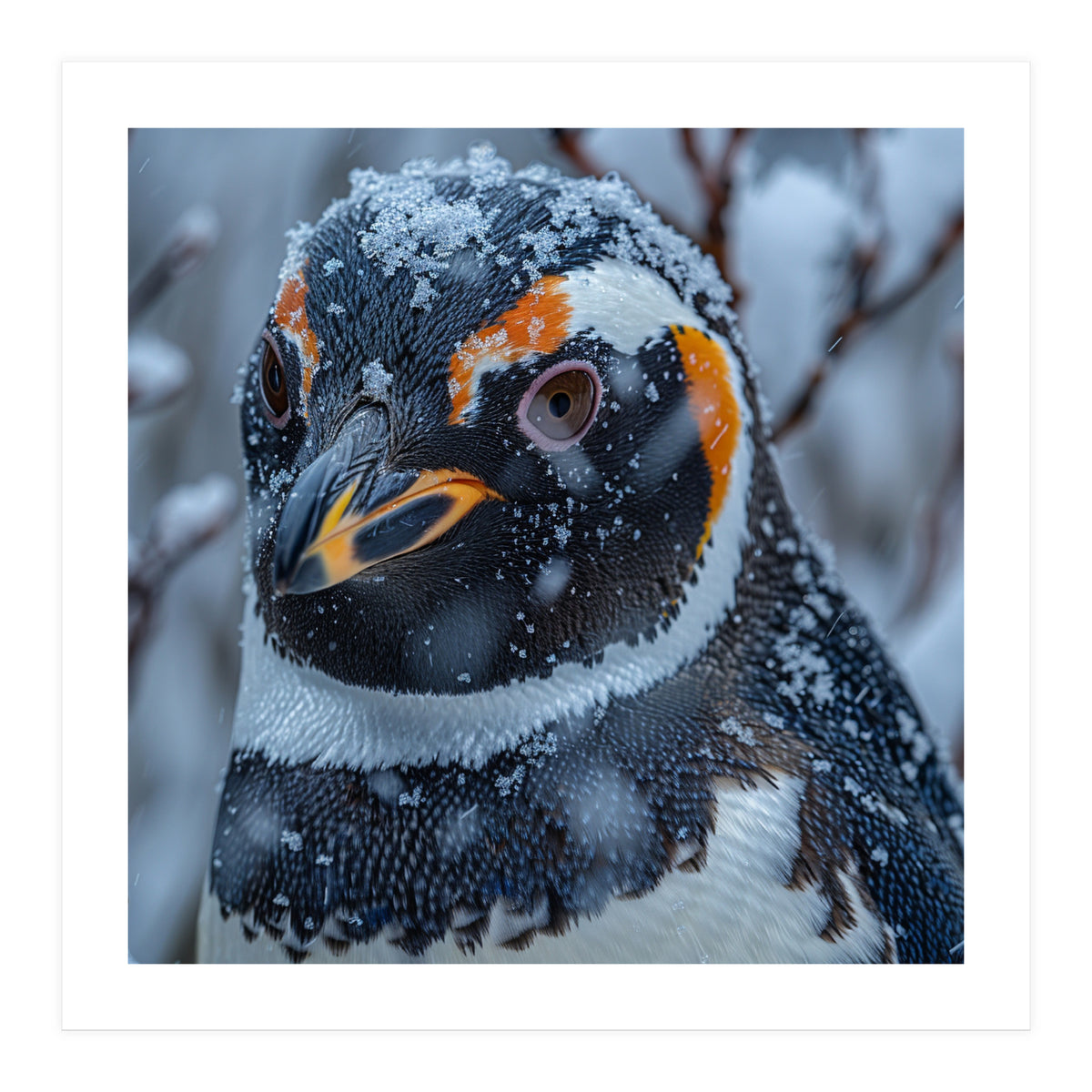 Penguin In Snow Falling Close Up Portrait (Print Only)