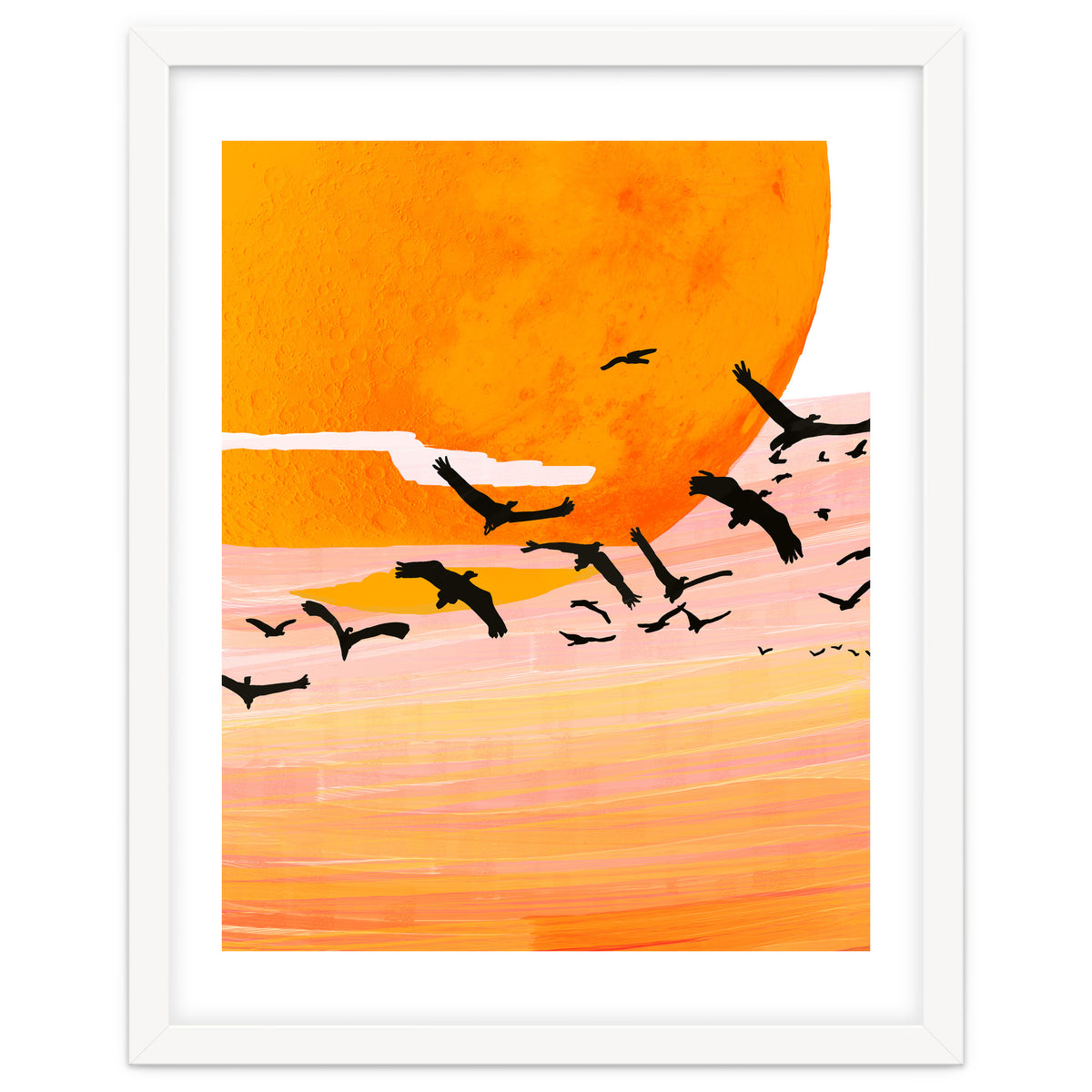 Time Flies, Birds Wildlife Fly Freedom Nature, Sun Sunset Sunrise Positivity Hope Painting, Growth Migrate Gift Animals Blush Sky Bohemian