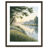 Serene River Sunrise Watercolor Painting with Meadow Grasses and Warm Golden Atmosphere Landscape thumbnail