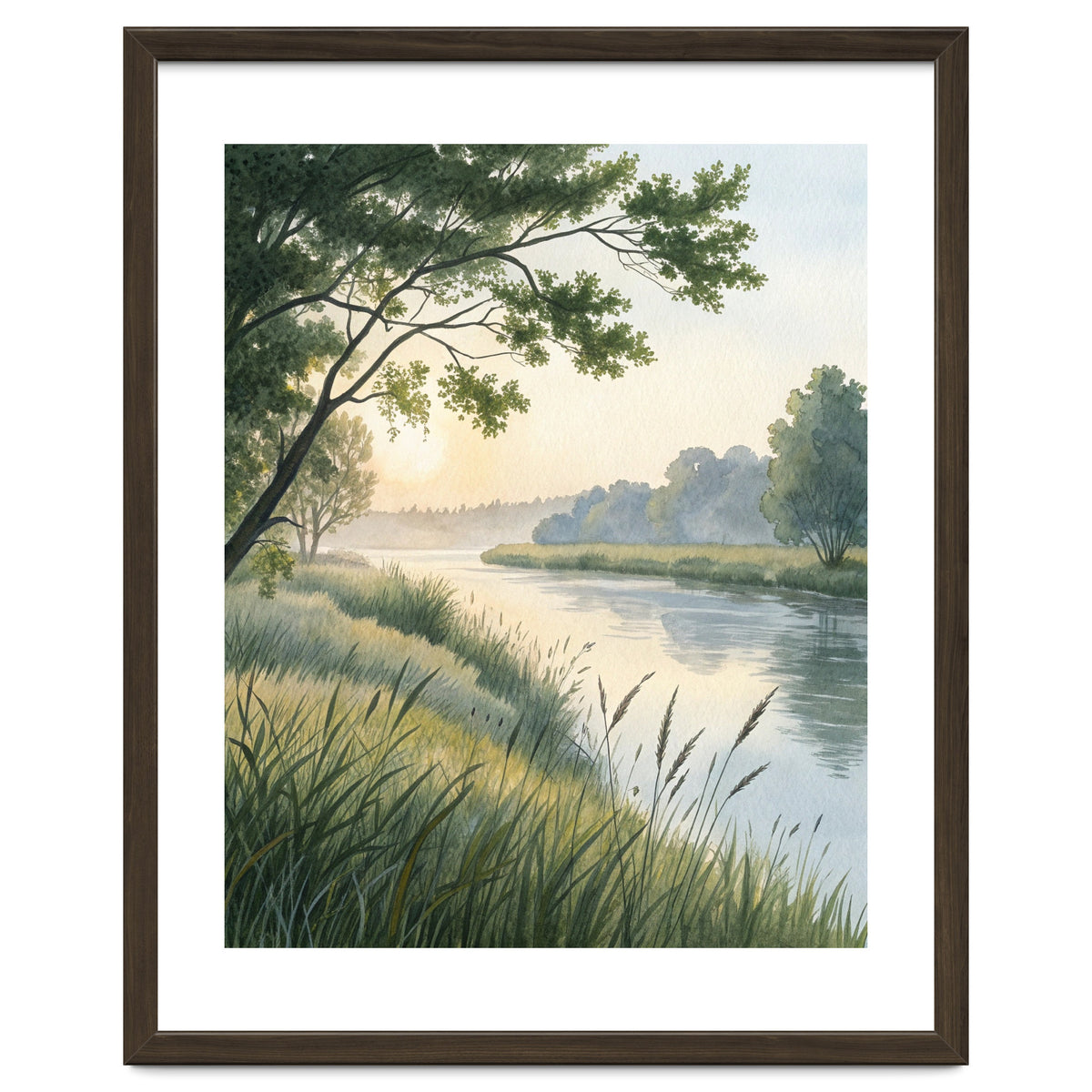 Serene River Sunrise Watercolor Painting with Meadow Grasses and Warm Golden Atmosphere Landscape