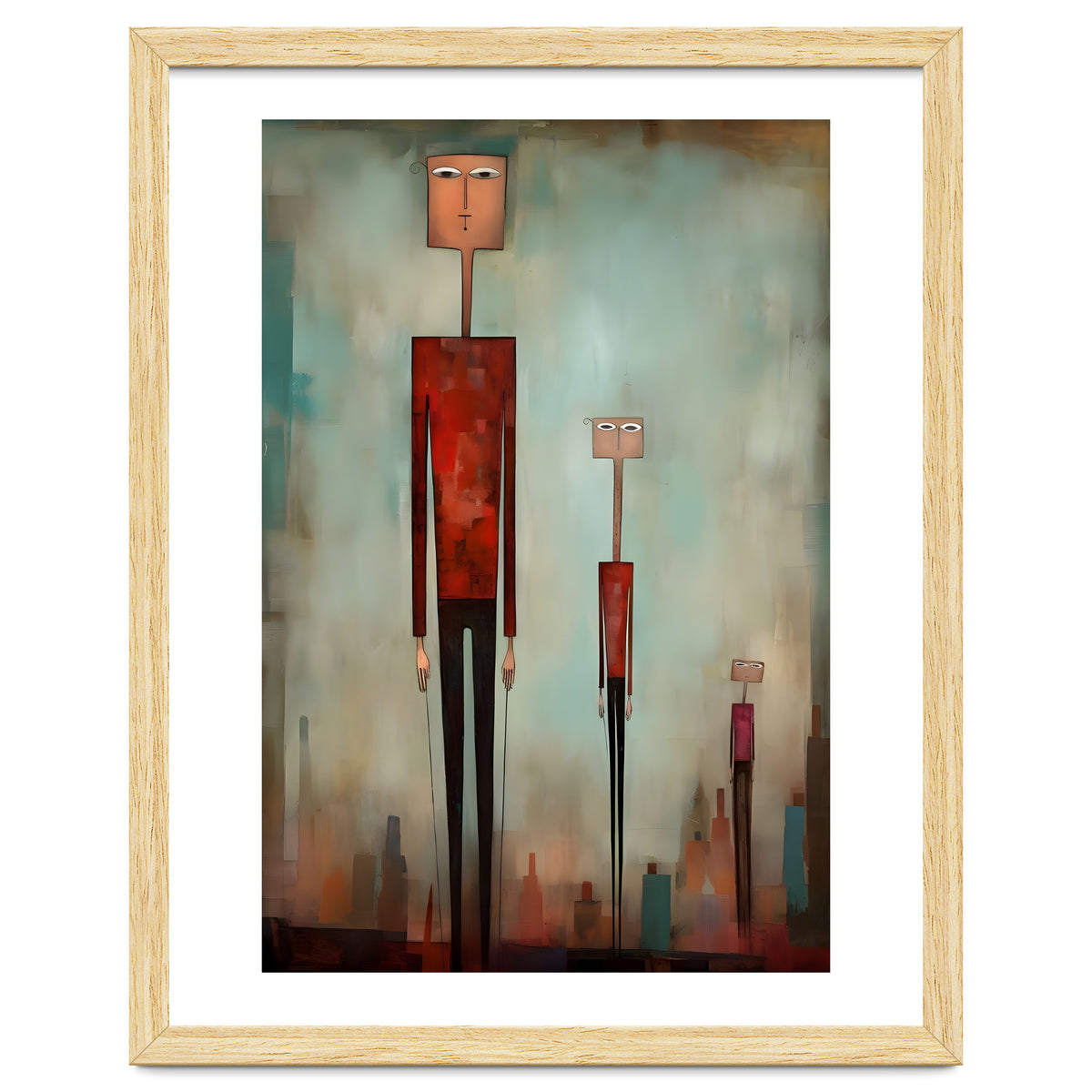 CITY HEIGHTS, three human-like forms of differing heights loom over the city below.