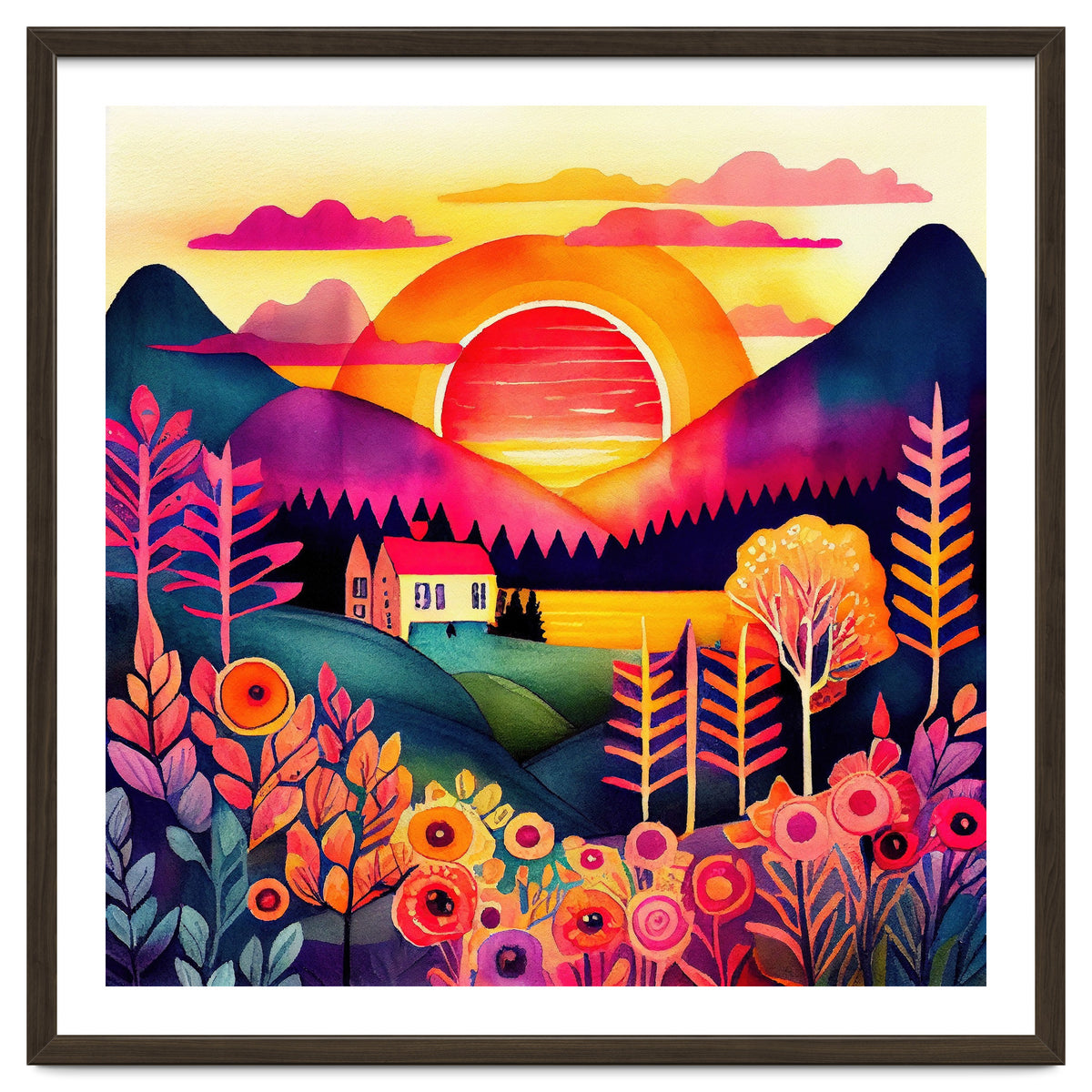 Folk Sunset Over Mountain Lake