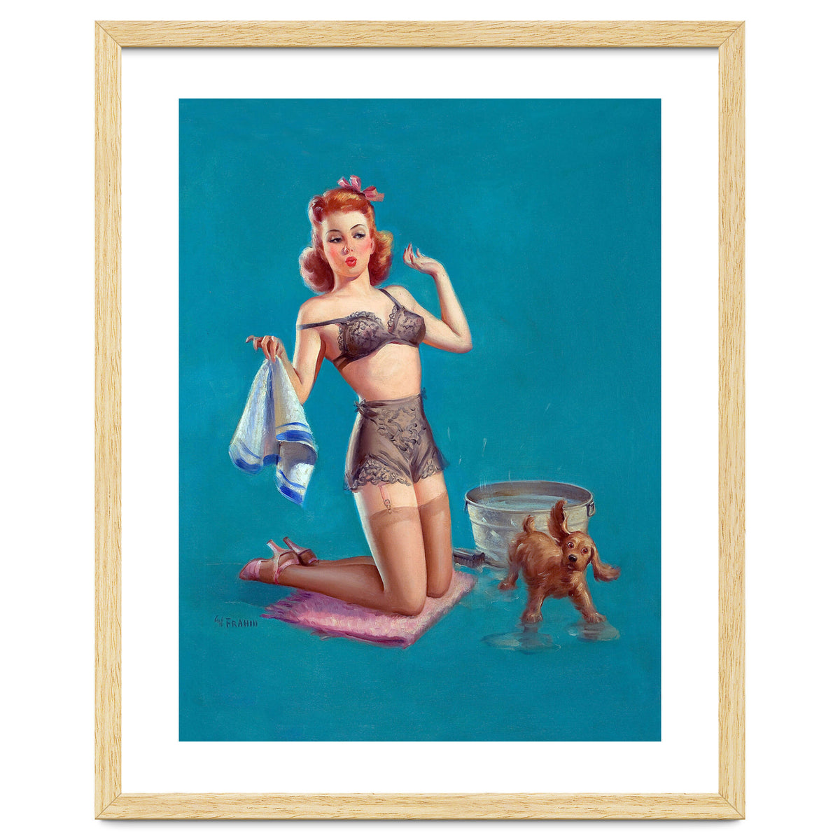 Pinup Girl Bathing A Dog