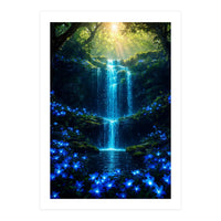 Ethereal Blue Waterfall: Magical Forest Oasis (Print Only)