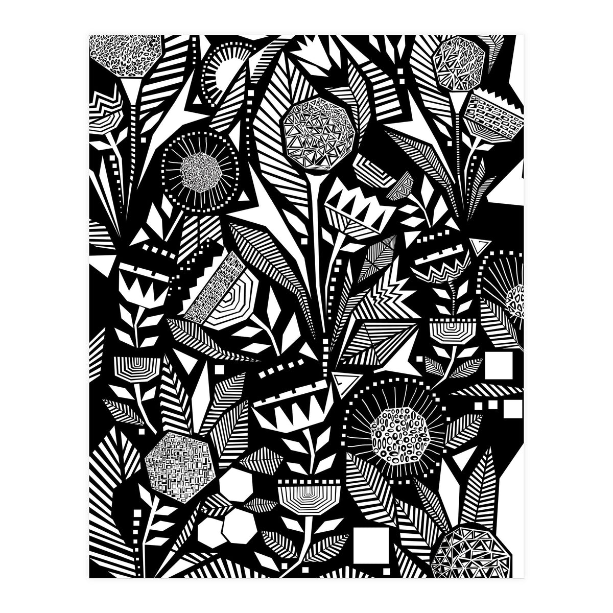 African Tribal, Black & White Abstract Drawing Sketch Line Art, Rustic Botanical Illustration, Bohemian Eclectic Scandinavian Vintage Bold (Print Only)