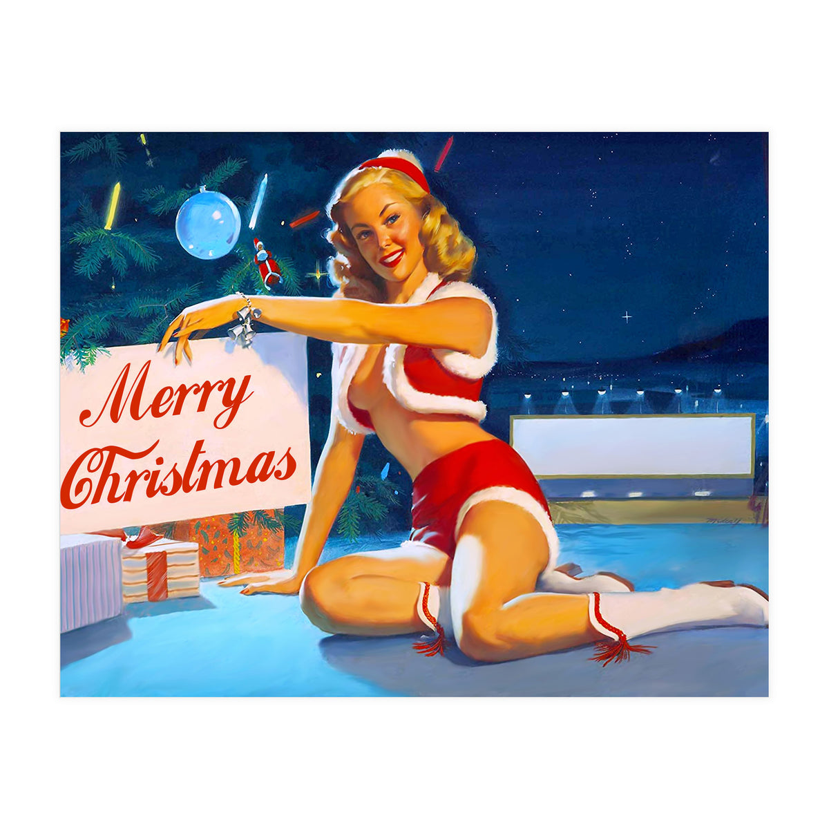 Pinup Girl In Santa Costume With Marry Christmas Sign (Print Only)