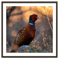 Pheasant Bird Standing On Rock Sunrise Light