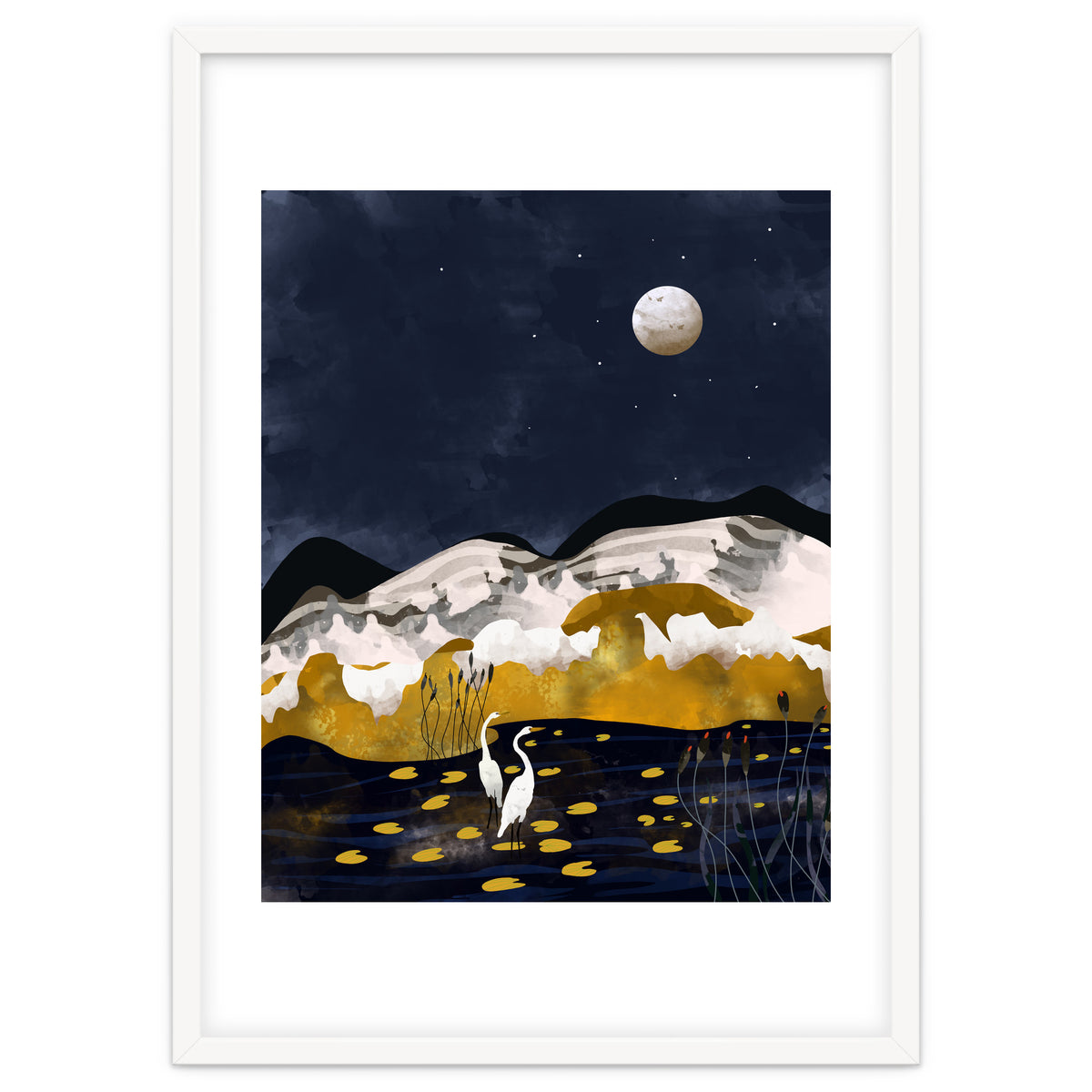 Midnight Lake, Stork Wildlife Animals Abstract Painting, Nature Landscape Travel Adventure Full Moon Night, Eclectic Gold Birds Magical Bohemian